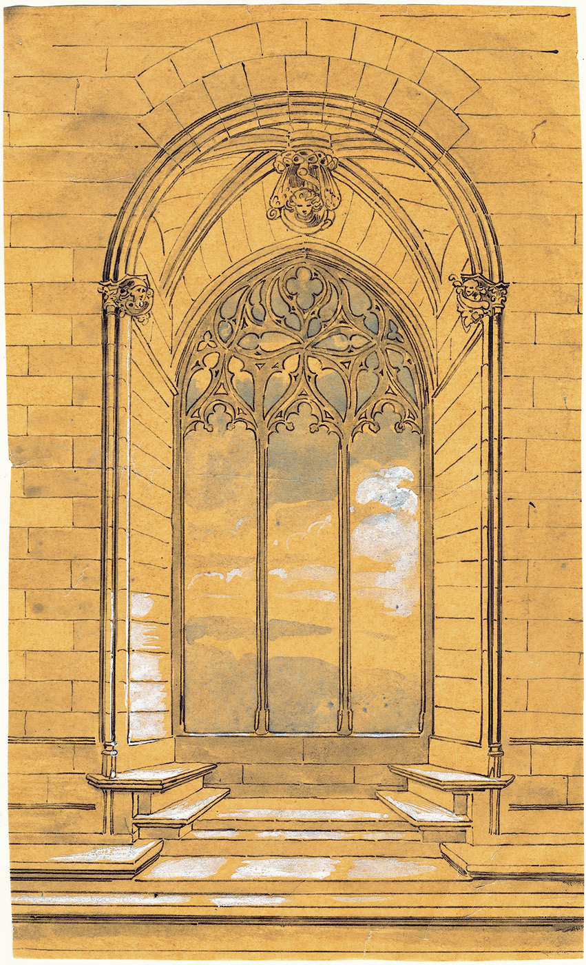 Deutsch: um 1840. Blick durch ein gotisches Fenster um 1840. Blick durch ein gotisches Fenster.