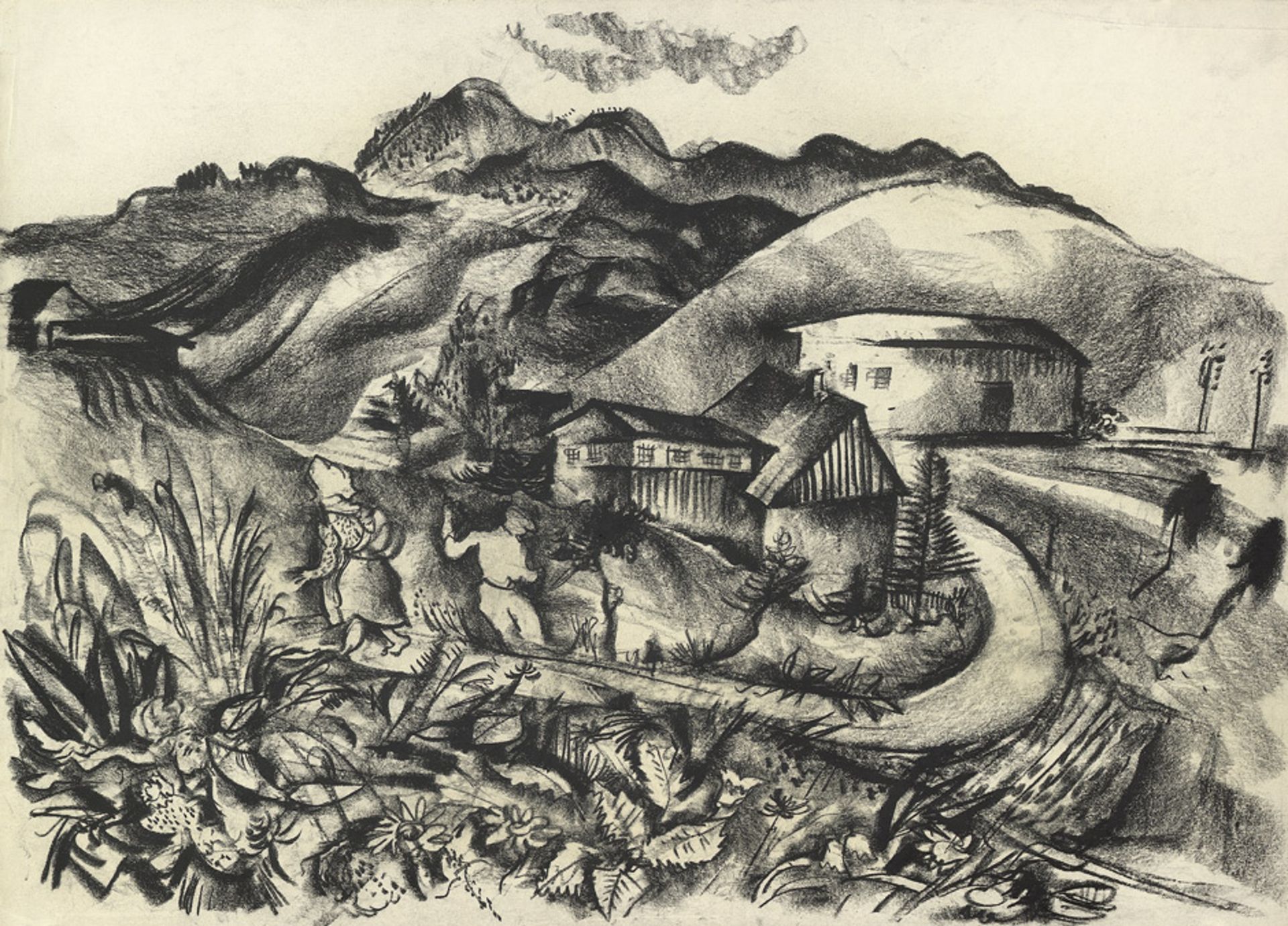 Kuhfuss, Paul: Gehöft Gehöft Schwarze Kreide auf Skizzenpapier. 1940. 46 x 64,2 cm. Verso mit dem