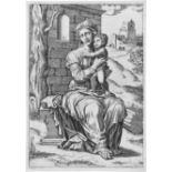 Italienisch: 16 Jh. Madonna mit dem Kind um 1550. Madonna mit dem Kind. Kupferstich. 31,5 x 22 cm.