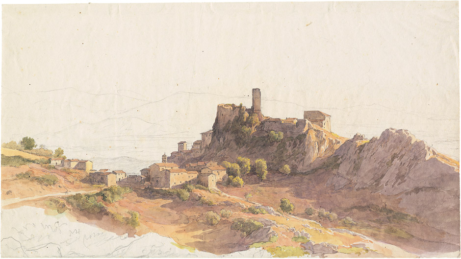 Deutsch: um 1840. Blick auf Olevano mit um 1840. Blick auf Olevano von Norden mit dem Torre de