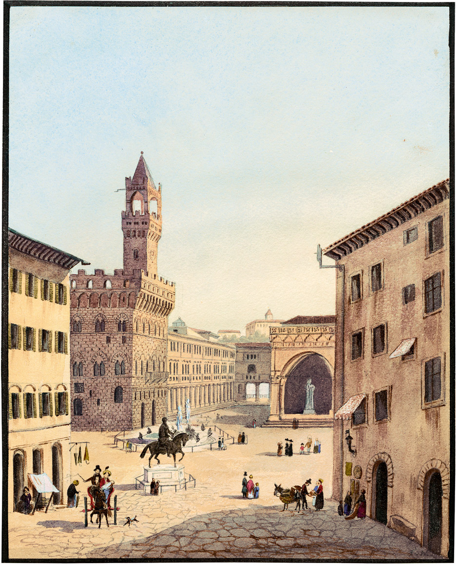 Deutsch: 1840. Ansicht der Piazza della Signora in Florenz mit dem Palazzo Vecchio und den