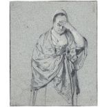 Slingelandt, Pieter Cornelisz. van: Stehende Frau, die linke Hand beschattend vor die Augen