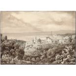 Italienisch: um 1840. Blick über Genua mit dem Leuchtturm am Hafen um 1840. Blick über die Bucht von
