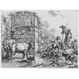 Berchem, Nicolaes: Die saufende Kuh Die saufende Kuh. Radierung. 27,7 x 37,4 cm. 1680. B. 1 II,