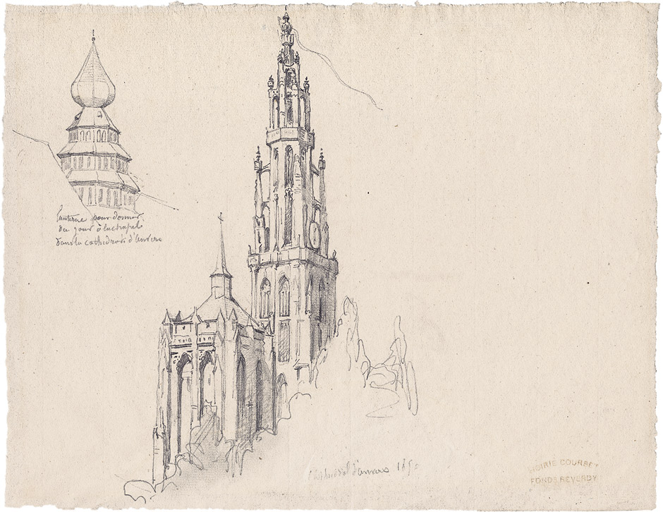 Courbet, Gustave: Studienblatt mit dem Turm der Kathedrale von Antwerpen Studienblatt mit dem Turm