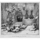 Lessing, Karl: Klosterhof nach. Klosterhof im Schnee. Lithographie von A. Borum. 20,2 x 24,5 cm.