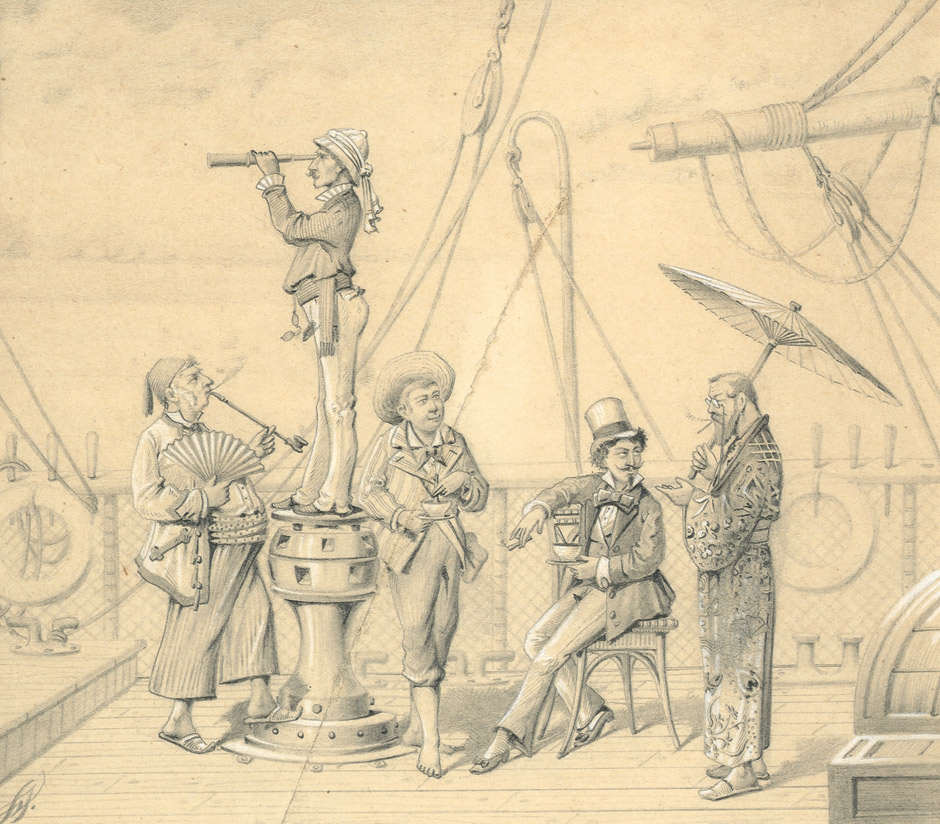 Deutsch: um 1900. Reisende Künstler beim Tee an Deck eines Schiffes um 1900. Reisende Künstler