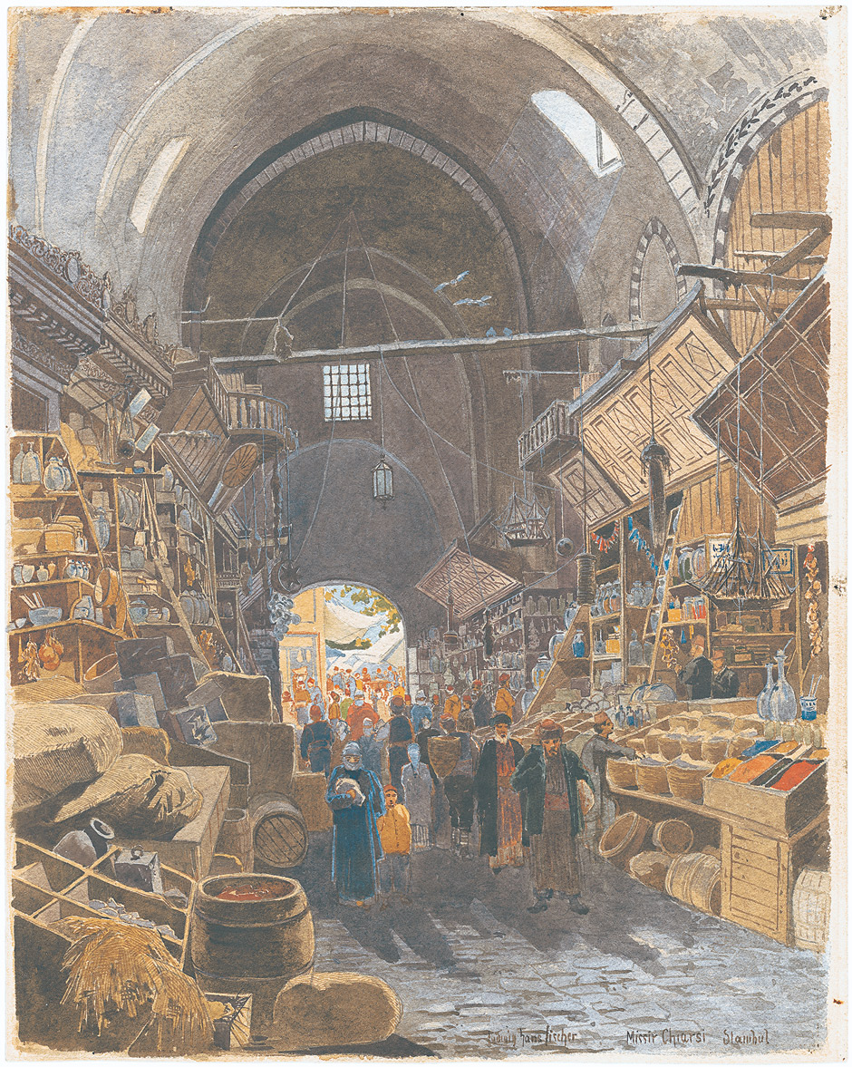 Fischer, Ludwig Hans: Im Souk in Istanbul Im Gewürzbasar (Misir Carsisi) in Istanbul. Aquarell auf