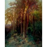 Oehme, Ernst Erwin: Waldlandschaft im Abendlicht Waldlandschaft im Abendlicht mit zwei Jägern. Öl