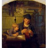 Schick, Carl Friedrich: Bauernstube mit jungem Vater, der seinem Sohn ein Papieresel schneidet