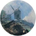Hoguet, Charles: Windmühle auf einem Hügel Windmühle auf einem Hügel.  Aquarell im Rund. D. 9 cm.