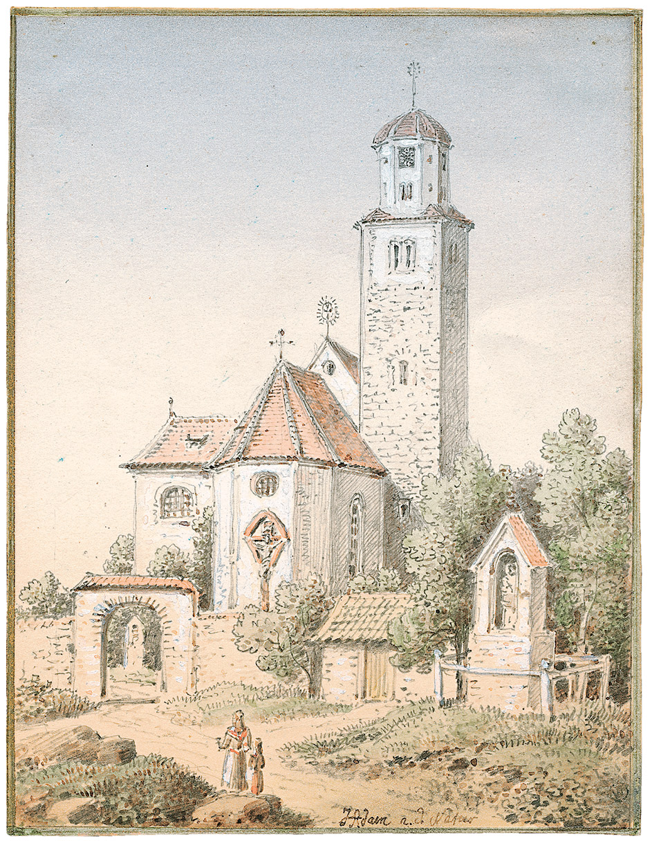 Adam, Heinrich: Ansicht einer Feldsteinkirche zwischen Bäumen Ansicht einer Feldsteinkirche zwischen