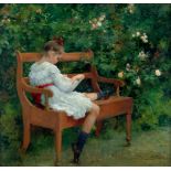 Seeger, Hermann: Lesendes junges Mädchen auf einer Gartenbank Lesendes junges Mädchen auf einer