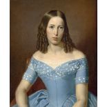 Deutsch: um 1850. Bildnis einer jungen Dame im spitzenbesetzten, blauen Sommerkleid um 1850. Bildnis