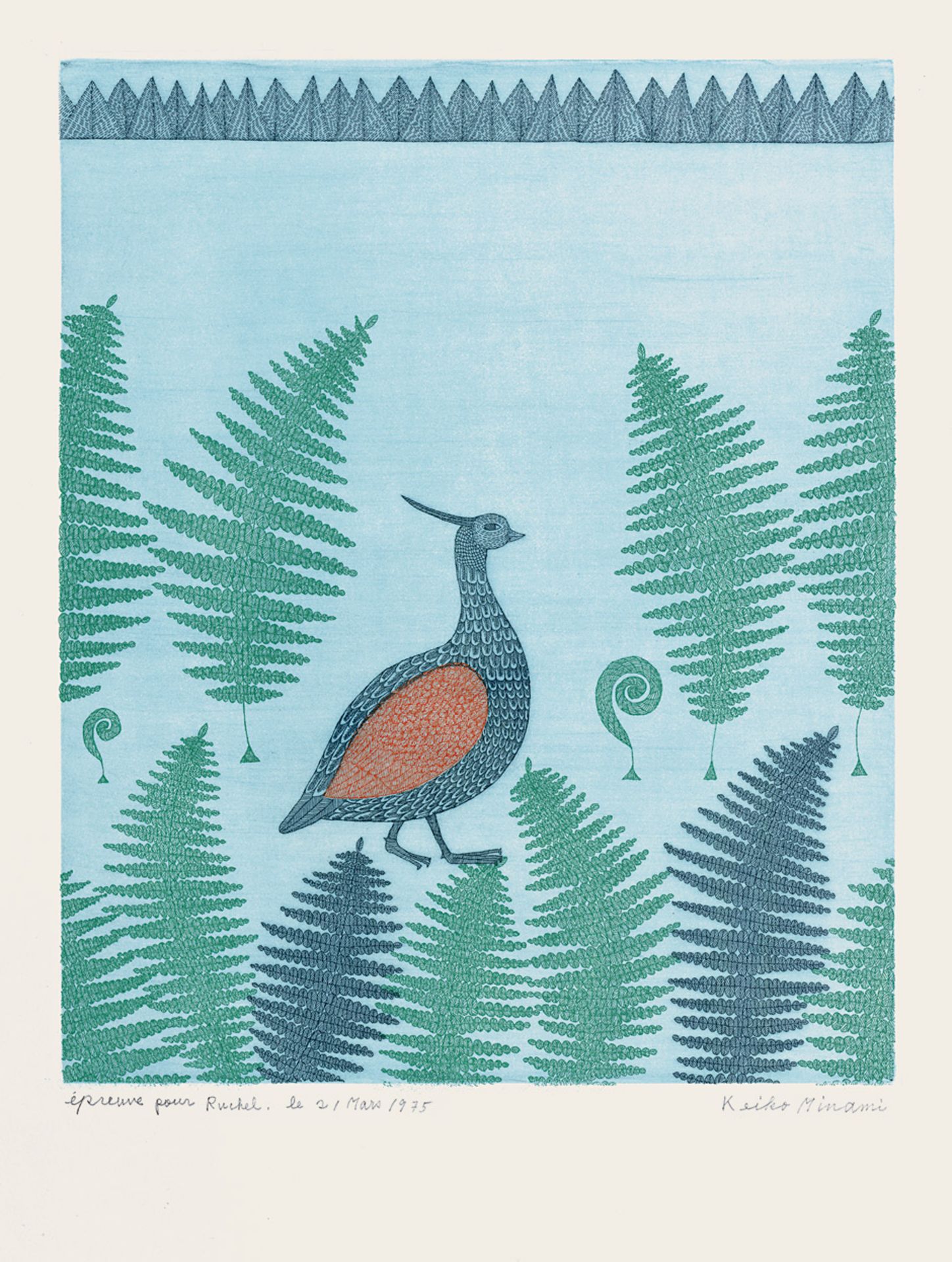 Oiseau dans la Fougère (Bird in Fern) Color etching with aquatint on Rives wove paper. 1975. 35 x