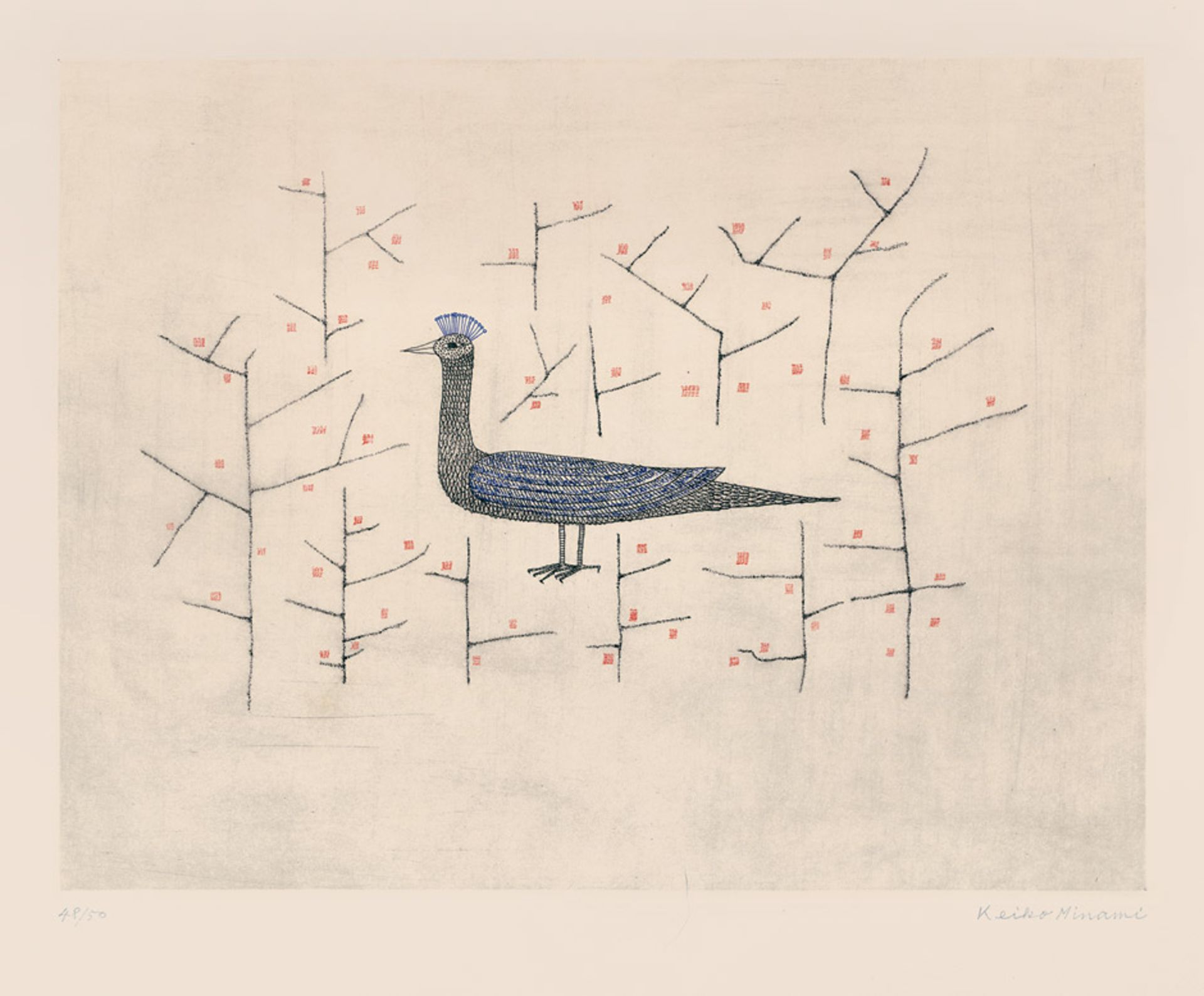 Paon dans l'Herbe (Peacock in Grass) Color etching with aquatint and soft-ground etching on Rives