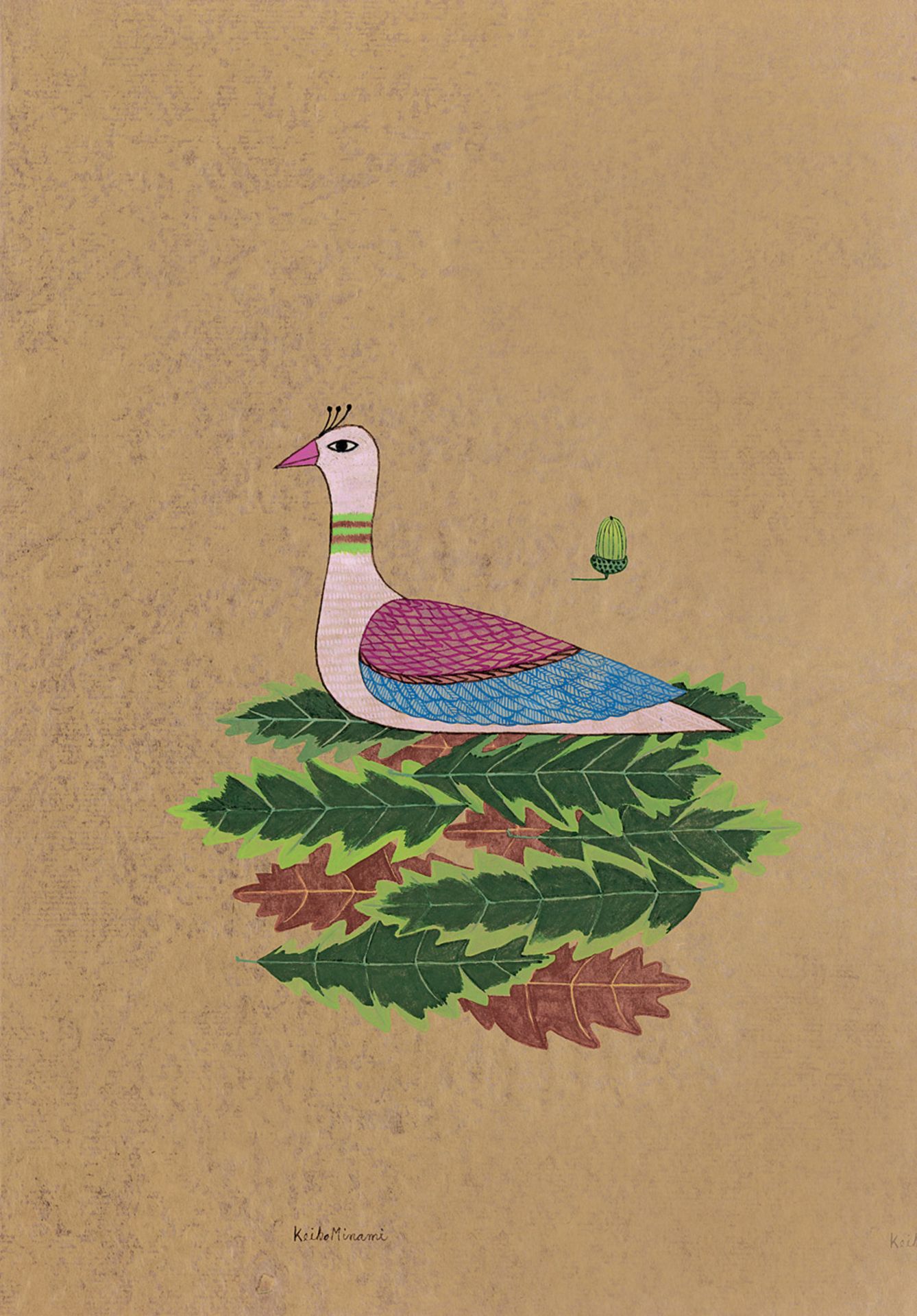 Pigeon assis et Gland (Sitting Pigeon and Acorn) Watercolor on brown laid paper. Ca. 1962. 47,7 x