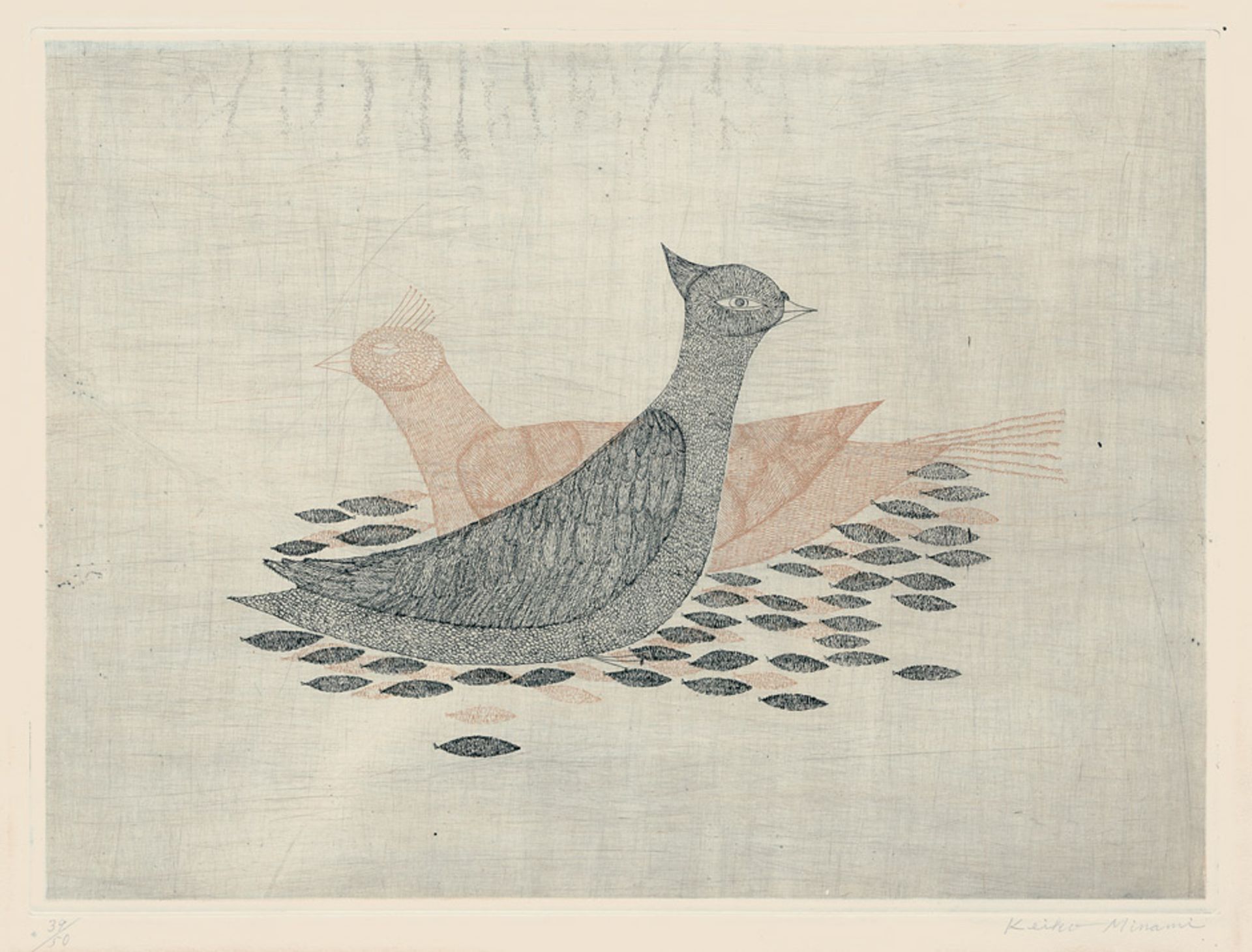 Deux Oiseaux et Feuilles mortes (Two Birds and fallen Leaves) Color etching with aquatint on Rives