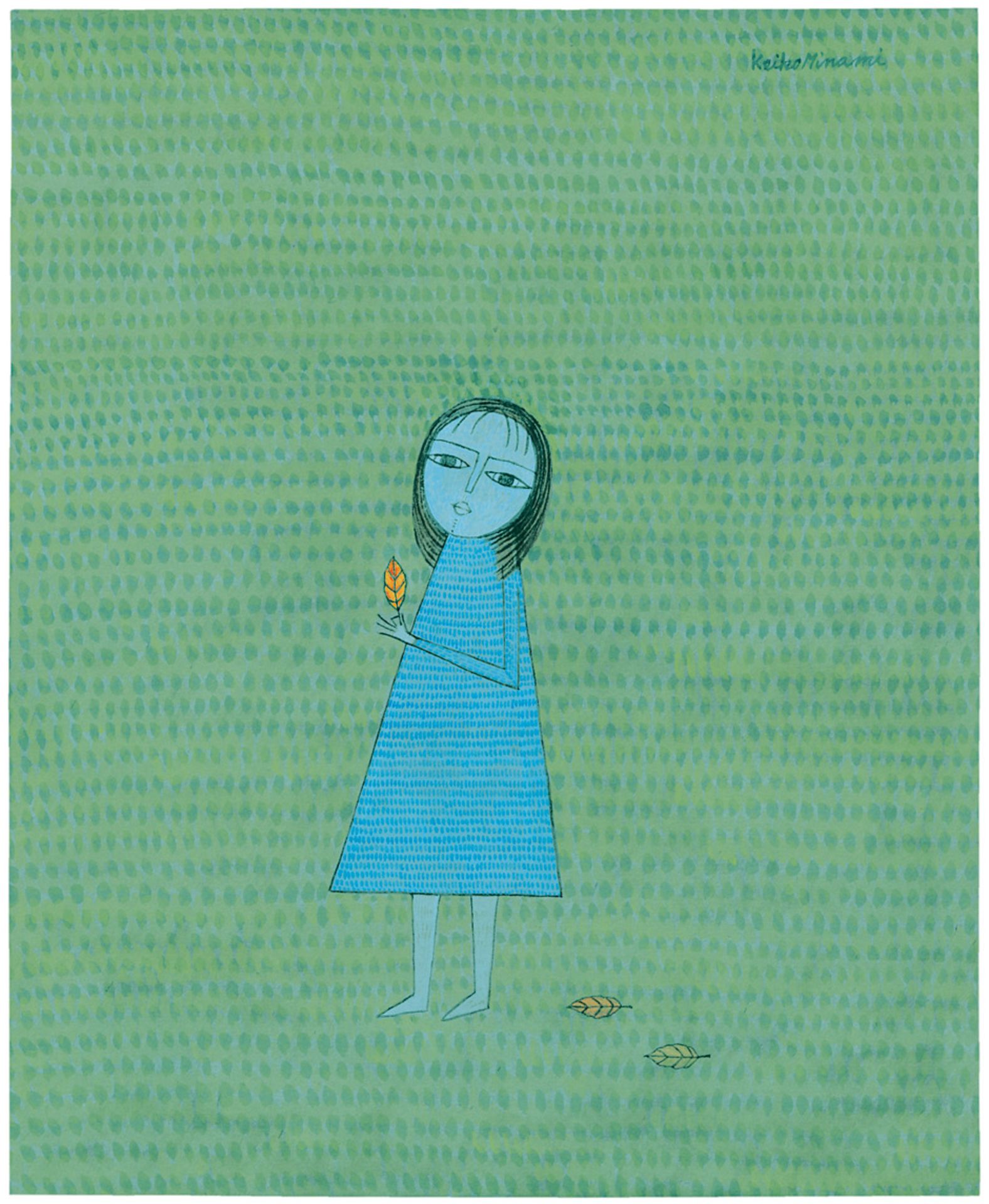 Fille et Feuilles mortes (Girl with fallen Leaves) Watercolor, pen and black ink on green wove