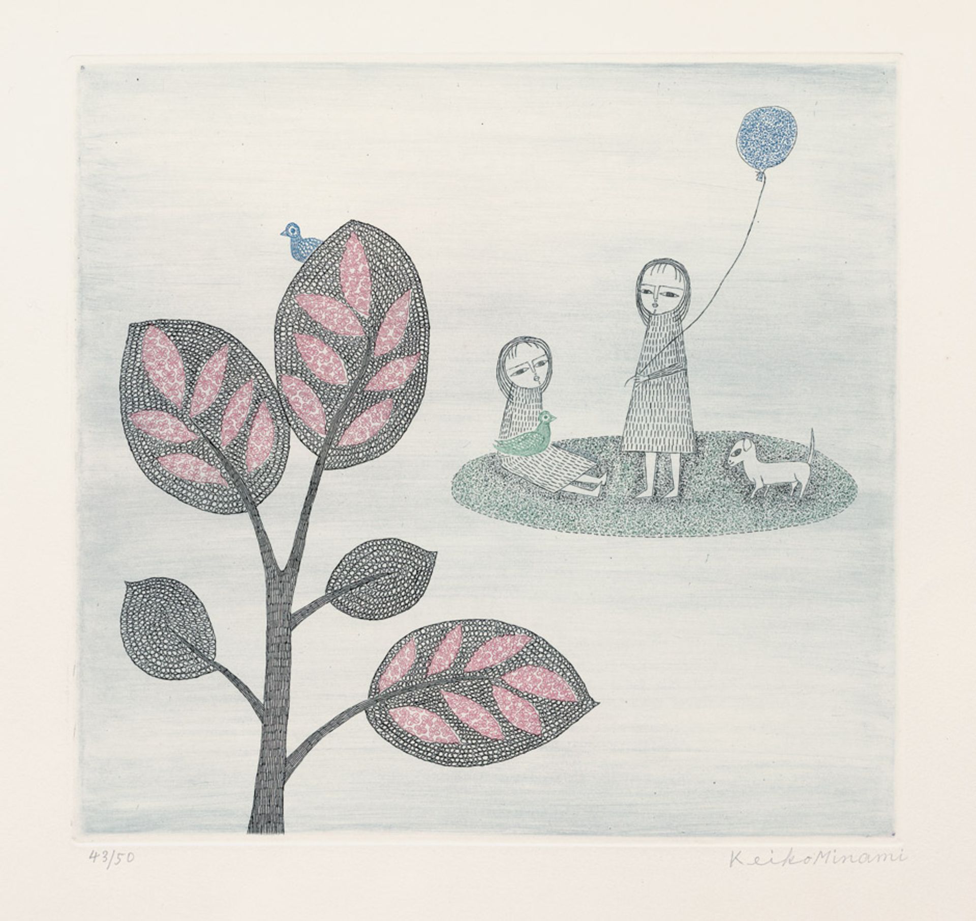 Deux Filles au Ballon bleu (Two Girls and blue Balloon) Color etching with aquatint on Arches wove