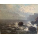 An oil on canvas signed Julius Olson (1864-1942) A stormy coastland scene with cliffs and boats in