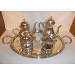 A Portages solid silver hallmarked five piece tea set tested silver consisting of twin handled tray,