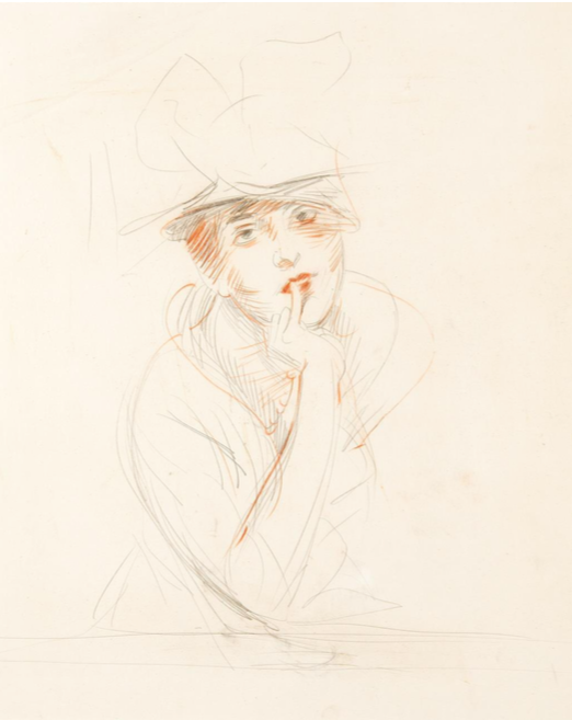 An Early C20th Crayon on paper ‘Jeune femme au chapeau’ by Paul Cesar Helleu ( 1859-1927)