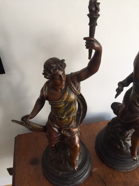 A Pair of late C19th /early C20th spelter figures of ‘Night and Day’ n turned treen supports - Image 4 of 5