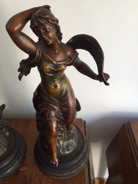 A Pair of late C19th /early C20th spelter figures of ‘Night and Day’ n turned treen supports - Image 5 of 5