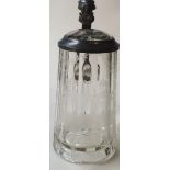 A C19th German glass Beer stein with pewter and glass lid, engraved Bloch 1885 with foliate engraved