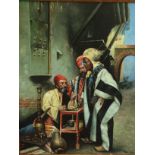 A decorative oil on canvas of North African bazaar scene with traders beside shisha pipe in