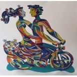 A metal sculpture of Spring Bicycle Riders by David Gerstein H36cm W34cm