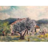 An Impressionist oil on canvas conveying a beautiful scene of Provence with trees and country