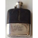 A Silver plated leather clad hip flask and one other with hallmarked silver top smaller H15cm W9cm &