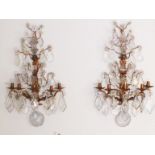 A pair of C19th French converted wall sconces with various crystal lustres H66cm W38cm