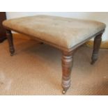A C20th Drawing room stool in pale oak covered in suede with shallow buttoning,