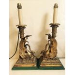 A fine pair of early C19th French Empire omolu gilt candelabra converted into lamps in the form of