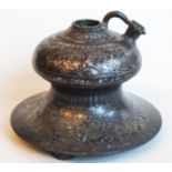 A C19th or earlier Bidriware Huqqa base on wooden stand the foliate silver inlay decorated allover