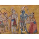 A C19th Indian miniature of Deity being garlanded by a maiden with disciples adoring within red