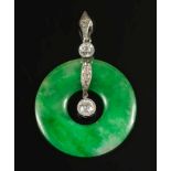 A jade and diamond pendant:, the green j