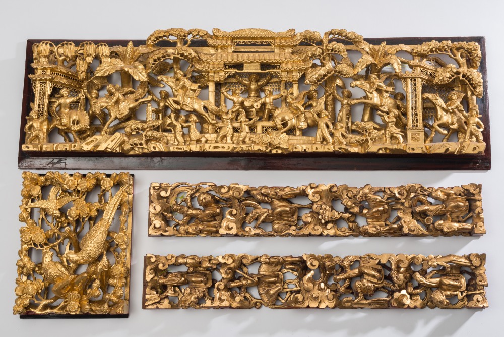 A Chinese carved giltwood frieze panel: