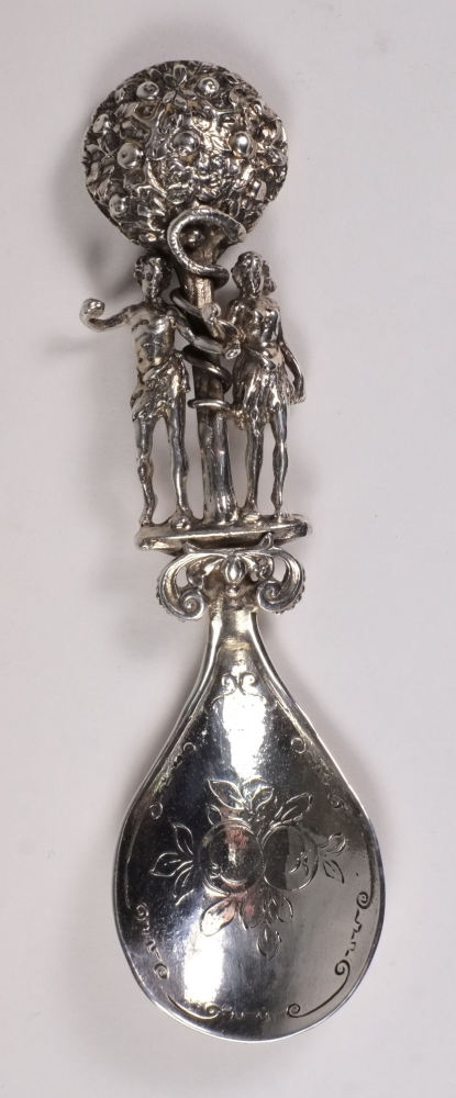 A Continental silver preserve spoon, bea