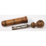 A 19th century shipwright's treen gouge:, the steel blade with turned handle in a cylindrical case,