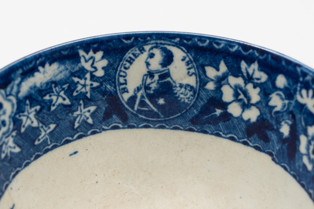 A 19th century blue and white 1815 Wellington and Blucher Waterloo commemorative tea bowl:, - Image 3 of 4