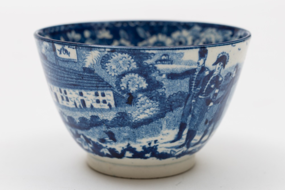 A 19th century blue and white 1815 Wellington and Blucher Waterloo commemorative tea bowl:,