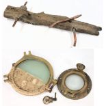 Two  salvaged portholes and a section of ships timber with copper rail:, (3).