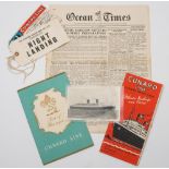 A collection of ephemera from the Cunard liner RMS Queen Elizabeth:, including  passenger list,