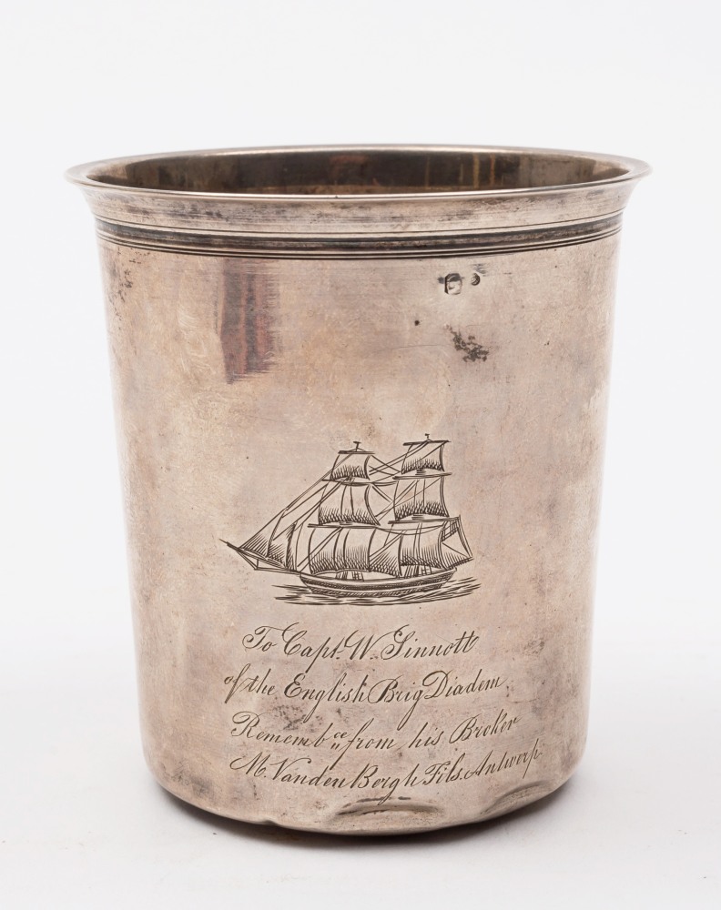 A continental silver presentation beaker:, engraved  with a two masted brig,