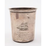 A continental silver presentation beaker:, engraved  with a two masted brig,