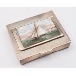 A Victorian silver and enamel panel of a yacht, Birmingham 1887, mounted on a Mexican silver box:,